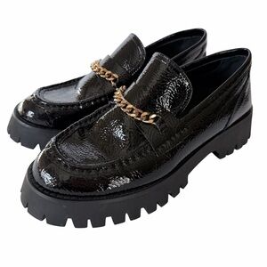 Princess Polly Unchained Chunky Lug Black Loafers with Gold Chain Size 8 Preppy